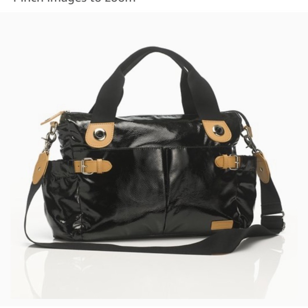 $250 Storksak London Kate Diaper Bag Black Patent Leather w/ Pad